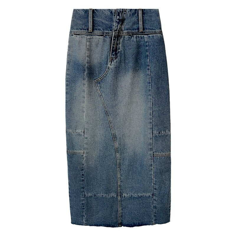 Vintage Distressed Blue Denim Women's Skirt with Zippered Pockets