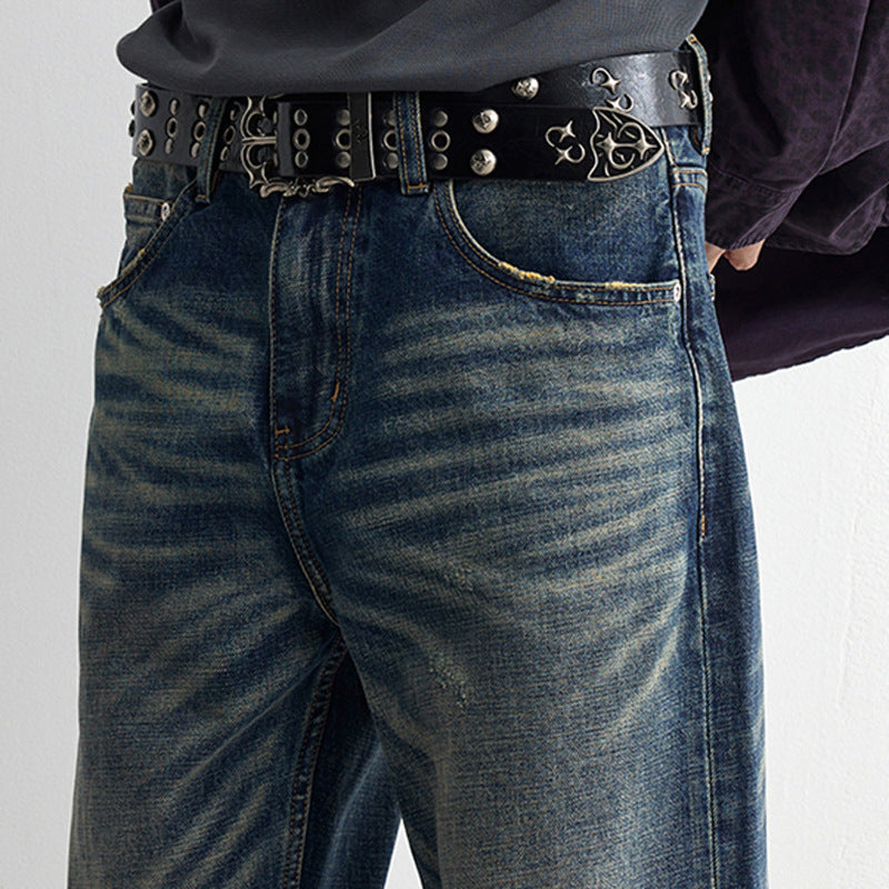 Men's Used Washed Loose-Fit Denim Jeans — Punk Zipper Fly Mid-Waist Blue