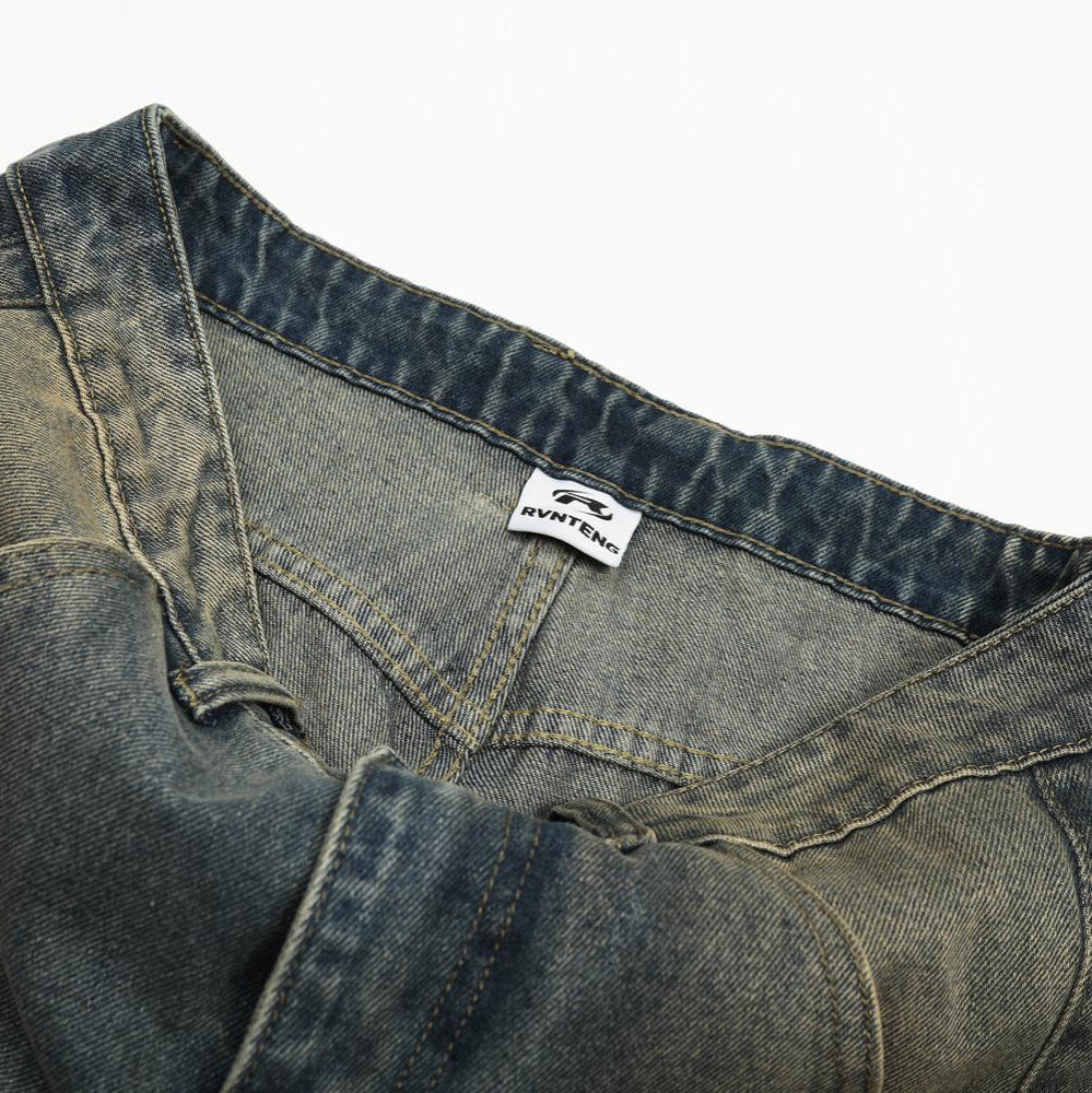 Vintage Curved Jeans with Retro Deconstruction Design