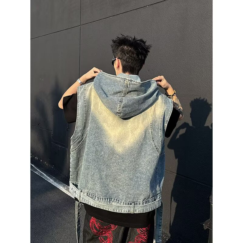 Multi Pocket Denim Strap Loose Slimming Casual Vest