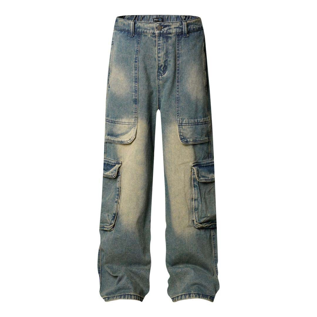 High Street Washed Vintage Multi-Pocket Denim Work Pants - Unisex Loose Wide Leg Trousers