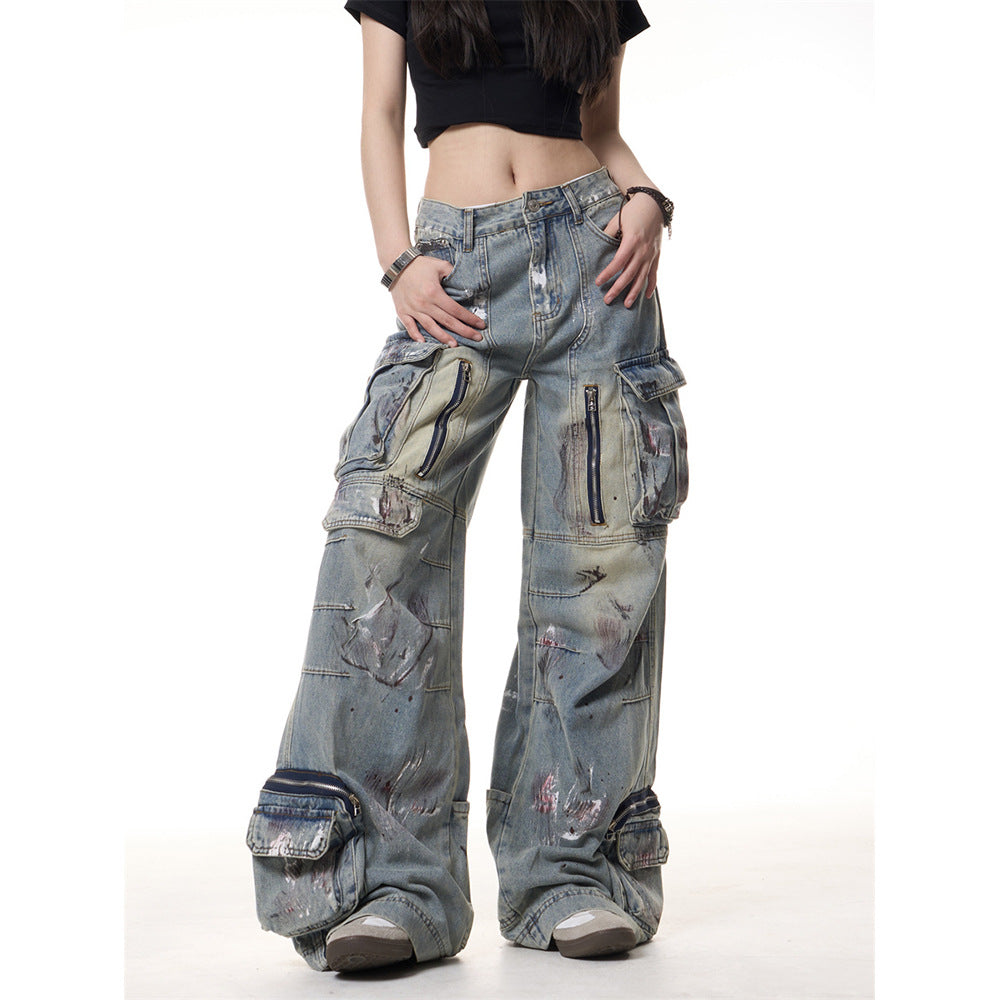 Graffiti Multi Pocket Wide Leg Jeans
