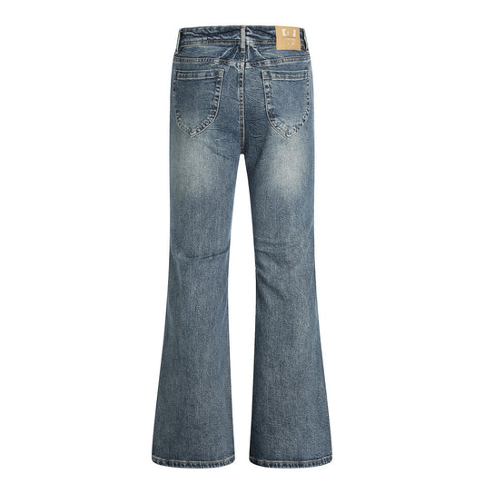 Men's Vintage Washed Denim Flare Pants with Unique Pocket Design