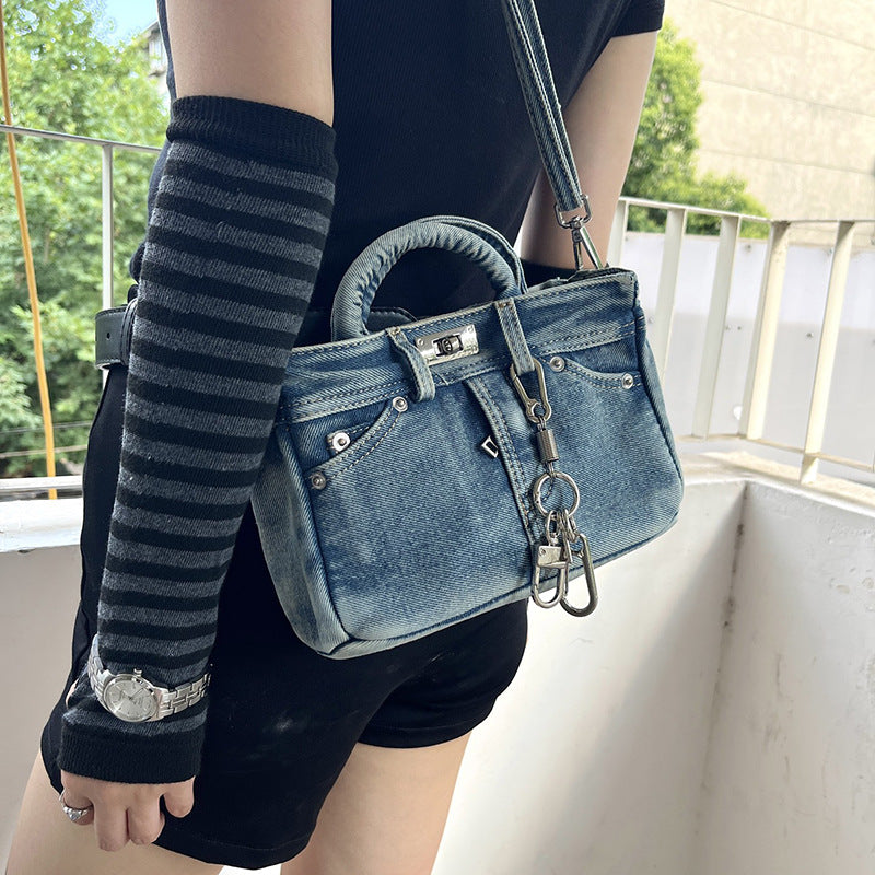 Vintage Denim Pants and Stylish Versatile Handbag for Women