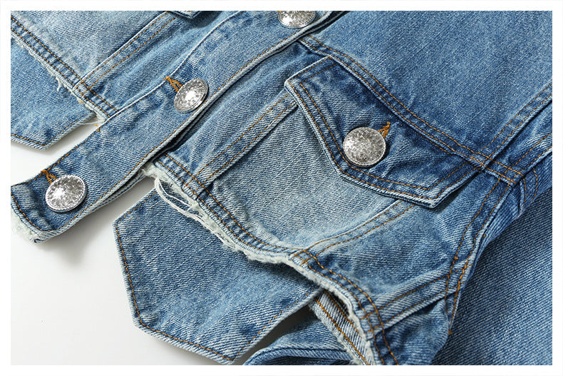 Deep Fried Street Pocket Bright Pink Short Tassel Denim Motorcycle Jacket