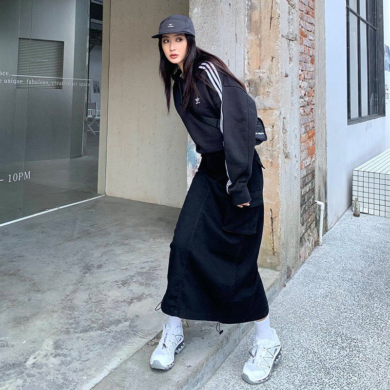 Workwear Pocket Denim A-Line Skirt with Adjustable Drawstring Length for Women