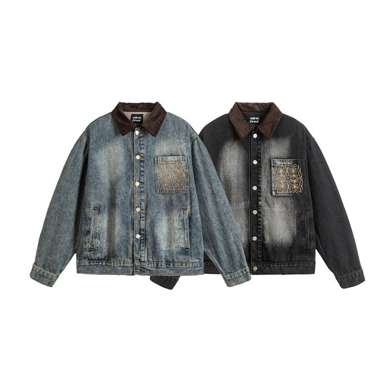Patchwork Embroidered Washed Distressed Collar Denim Jacket