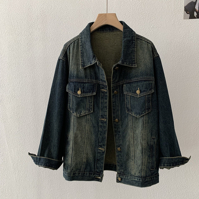 Vintage Distressed Denim Jacket for Women, Loose Fit Single-Breasted, Long Sleeve Top