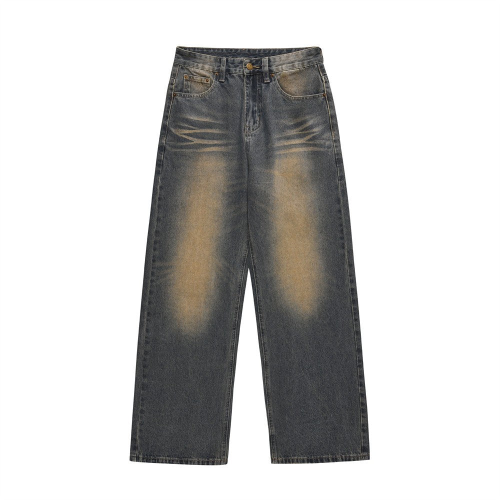 Dark Blue Color Washed Wide Leg Jeans With Contrast Details