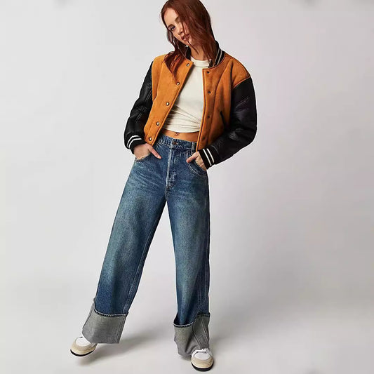 Washed Mid Waist Rolled Edge Loose Jeans