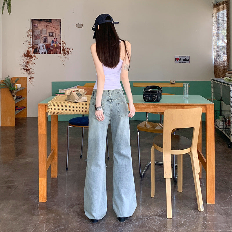 Light Blue Distressed Wide-Leg Jeans for Women - Retro Loose Straight Pants