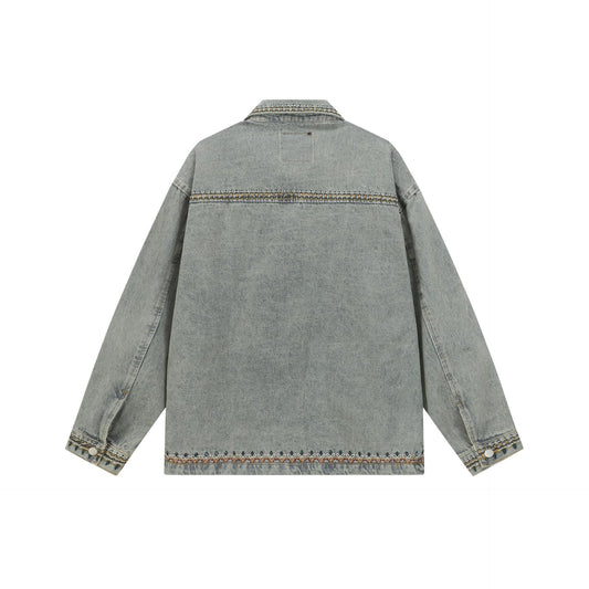 Lace Embroidery Loose Washed Denim Jacket for Men and Women