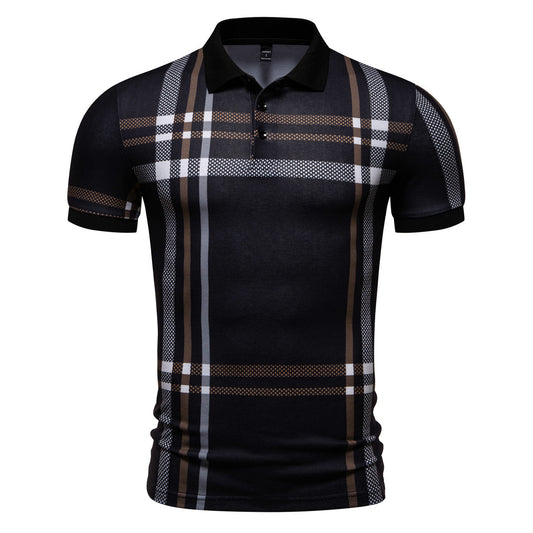 Geometric Pattern Printed Polo Shirt with Large Size Short Sleeves for Men