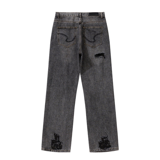 Water-Washed Black and Gray Unisex Distressed Denim Pants