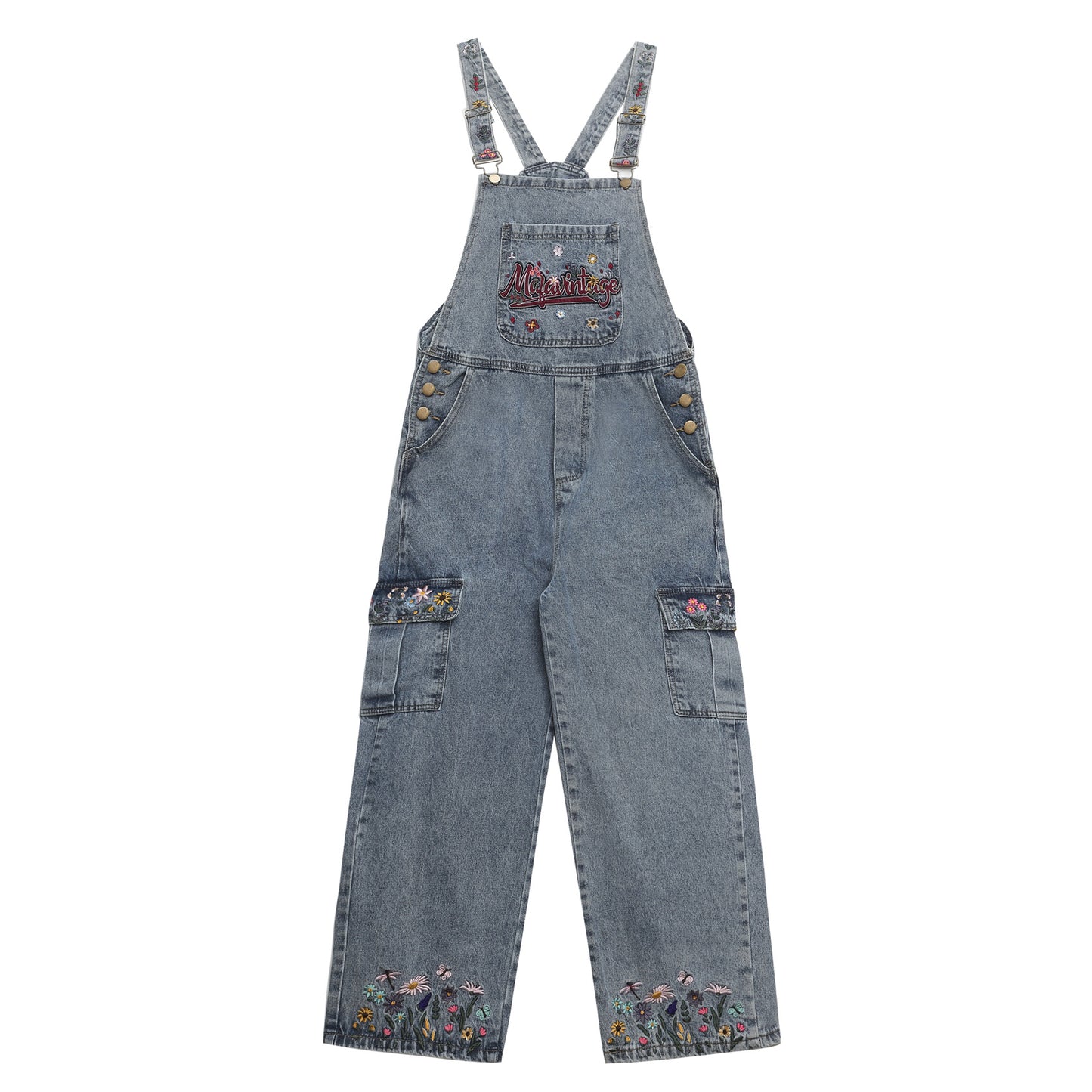 Washed Floral Letter Embroidery Denim Overalls Unisex High Street Retro Loose Jumpsuit