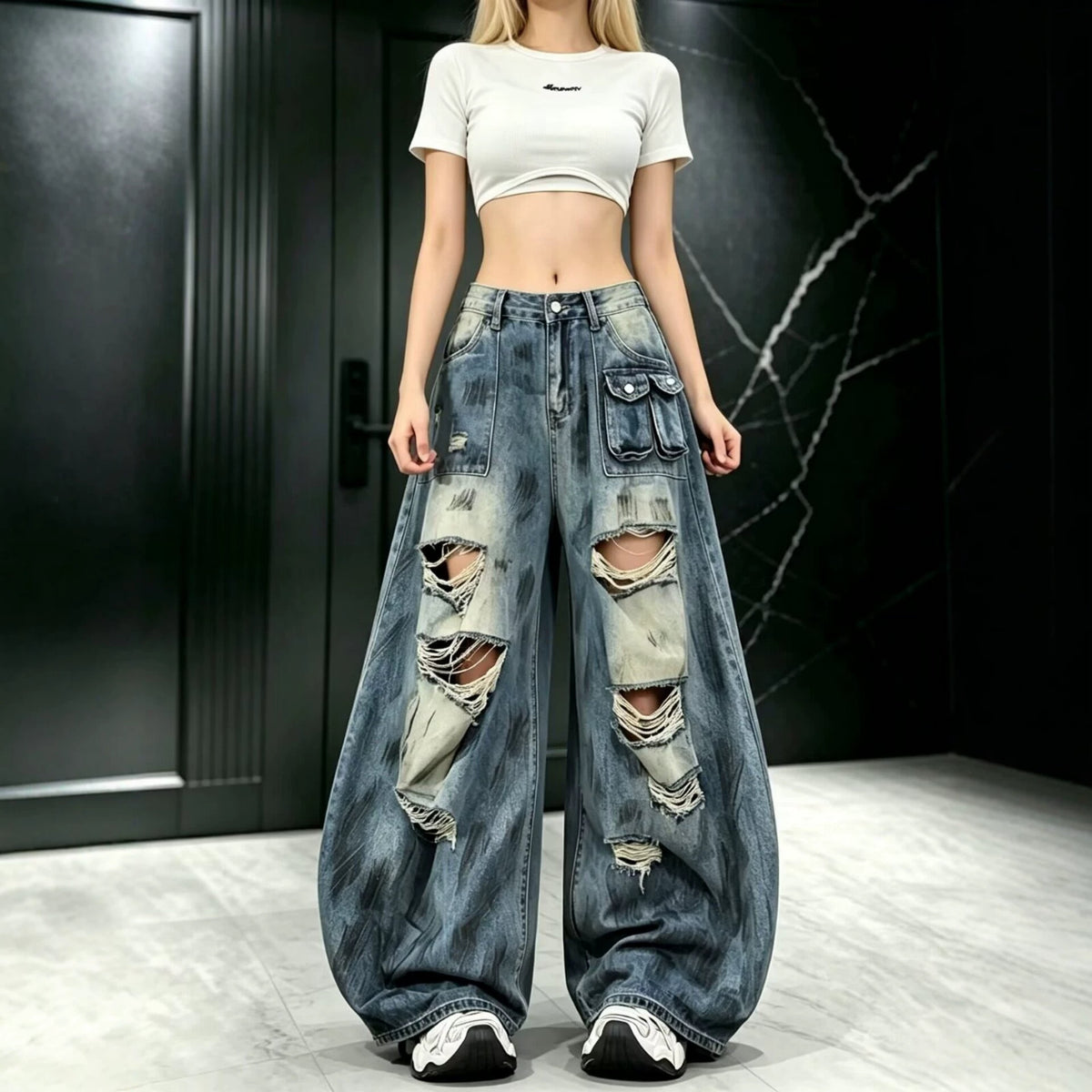 Vintage Desert Splatter Paint Ripped Fringed Wide-Leg Jeans for Women — Loose Slimming Mid-Rise, Multi-Pocket Floor-Length