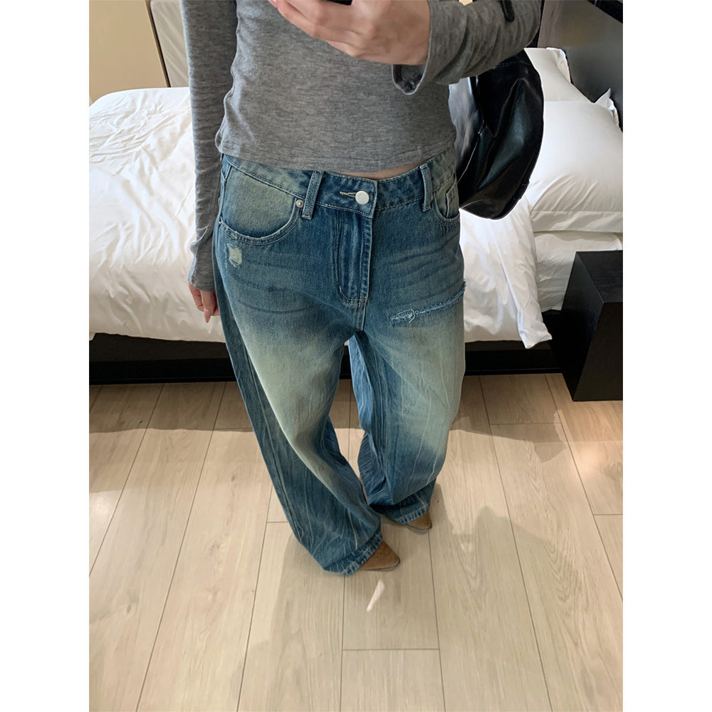 Unique Design Distressed Wide Leg Denim Pants with Tie-Dye Stripes for Women