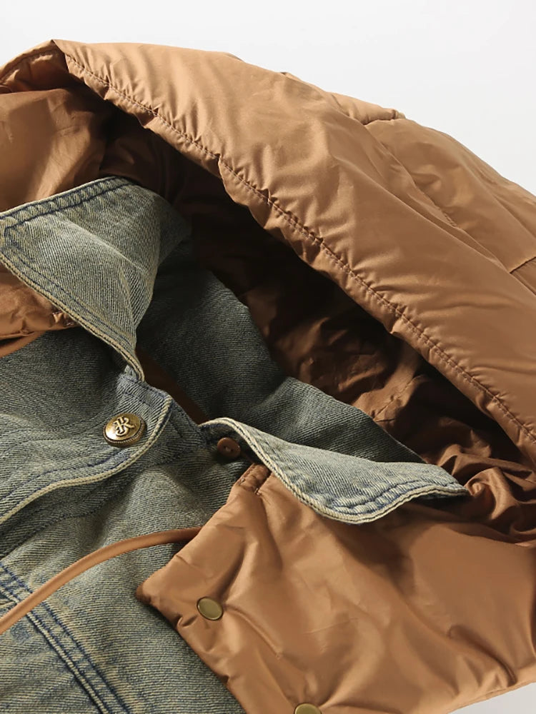 Women's Hooded Denim Coat with Patchwork Design and Button Closure