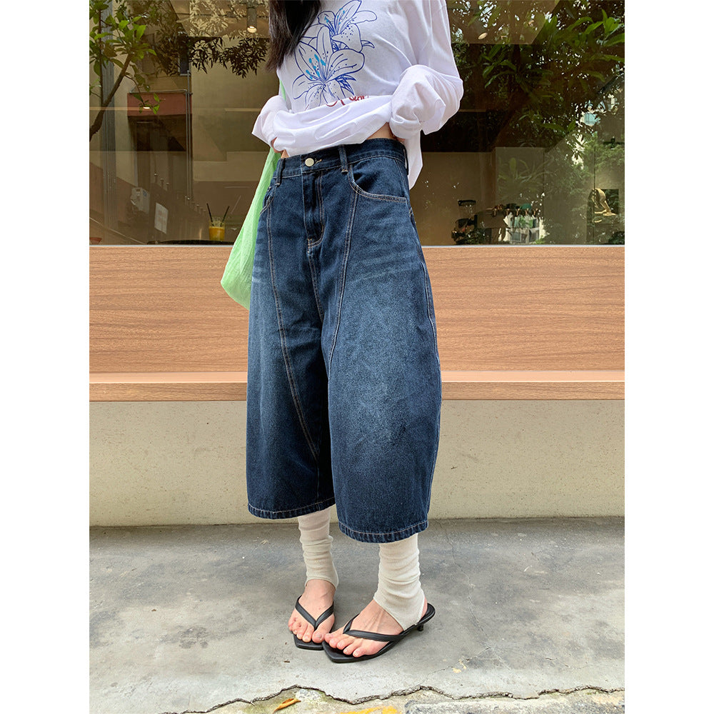 Summer Split Design High-Waist Denim Shorts for Women - Loose Retro Wide-Leg Pants