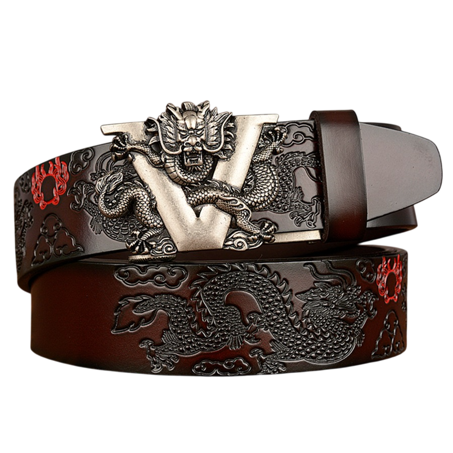 Chinese Dragon Belt Cowskin - Genuine Leather Belt  - Automatic Buckle