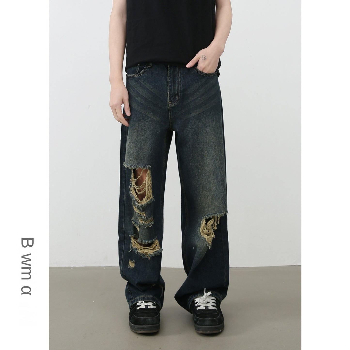 American High Street Retro Distressed Denim Trousers - Men's Straight Loose Wide-Leg Pants