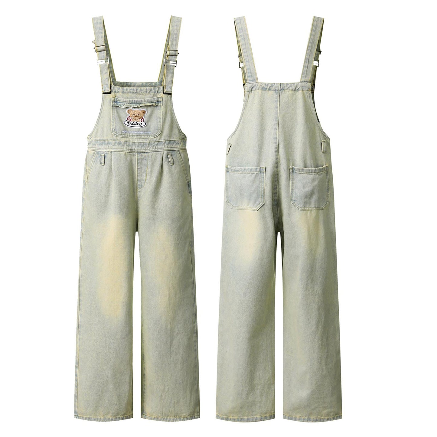 Embroidered Denim Overalls - Washed Straight Leg Jumpsuit