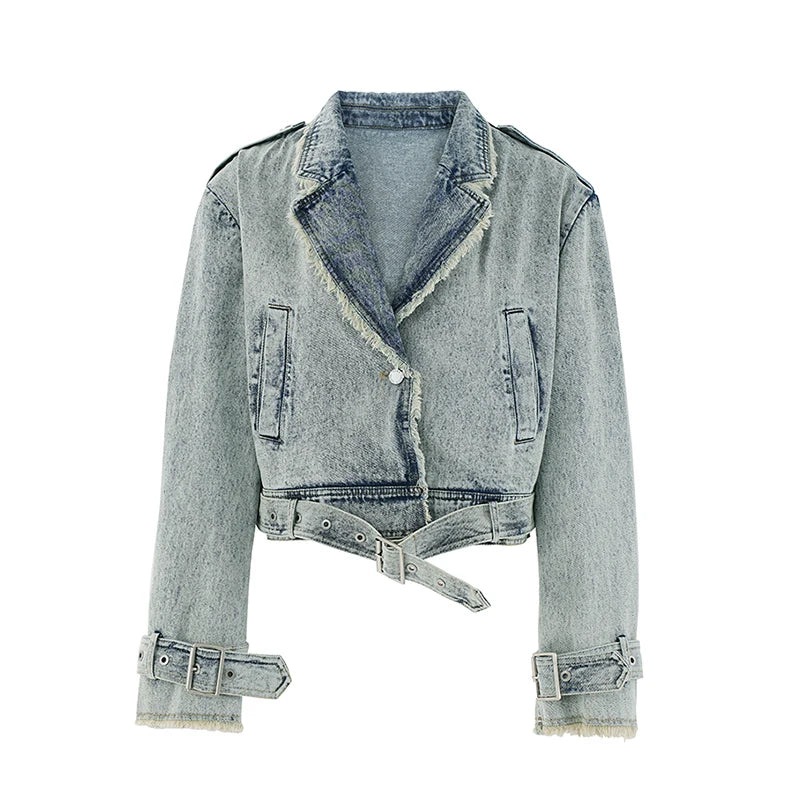 Women's Washed Denim Jacket with Fringes - Retro Casual Top