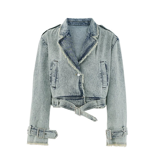 Women's Washed Denim Jacket with Fringes - Retro Casual Top