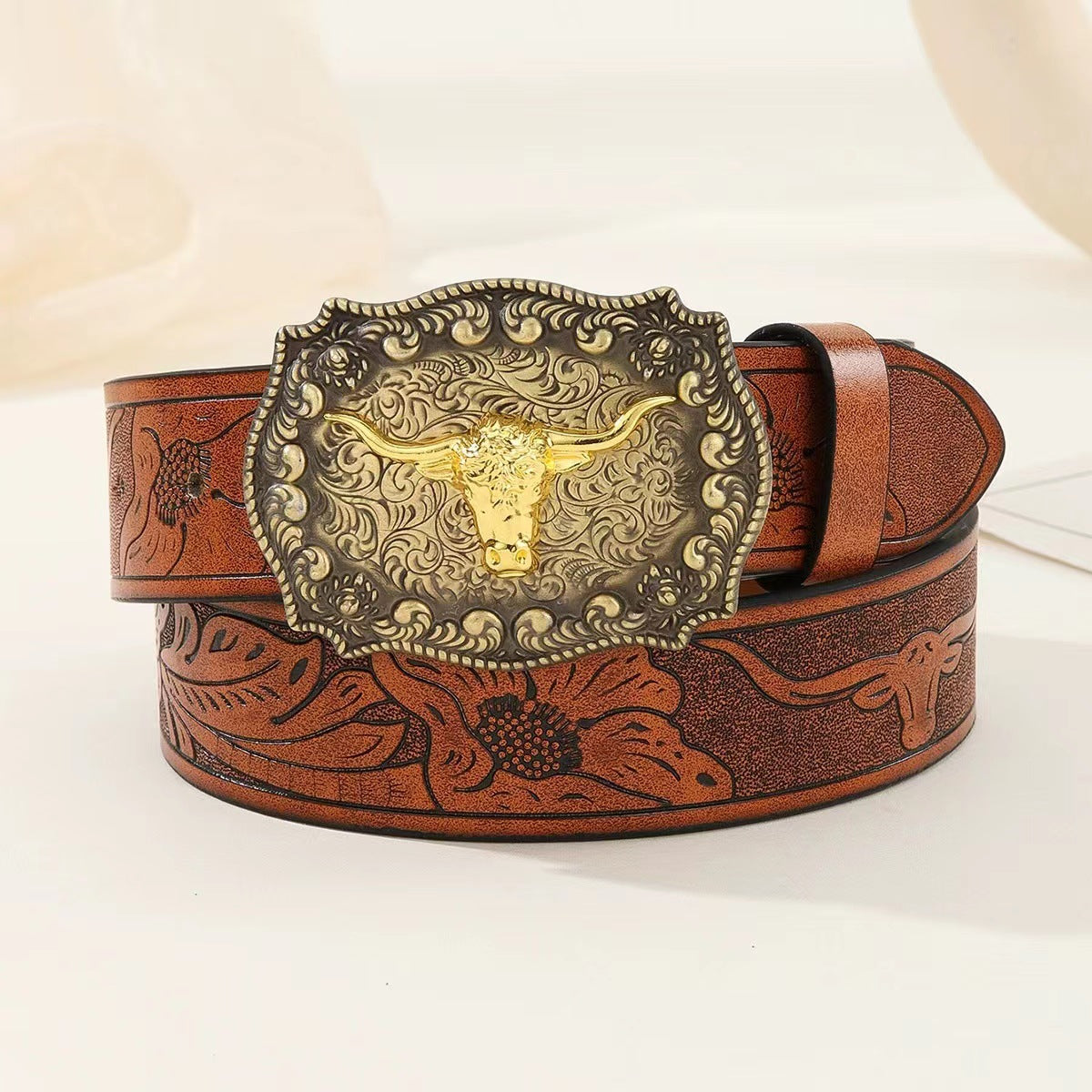 Western Cowboy Belt with Bull Head Big Board Buckle - Ethnic Style Male Punk PU Leather Belt