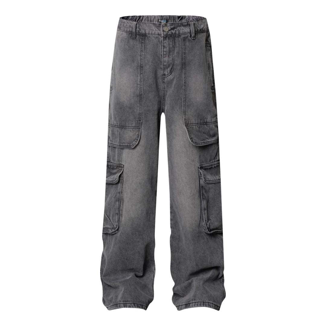 High Street Washed Vintage Multi-Pocket Denim Work Pants - Unisex Loose Wide Leg Trousers