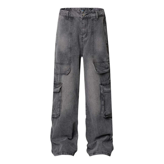 High Street Washed Vintage Multi-Pocket Denim Work Pants - Unisex Loose Wide Leg Trousers