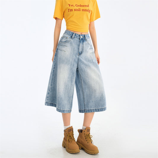 Wide-Leg Seven-Point Denim Pants for Women - High-Waist Loose Fit