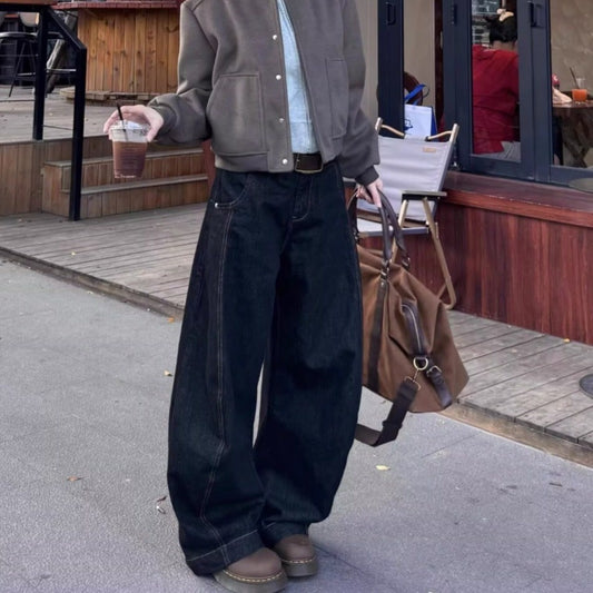 Unisex Retro Lazy Style Scythe Design Denim Pants - Loose Slimming Wide Leg