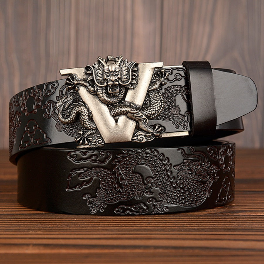Chinese Dragon Belt Cowskin - Genuine Leather Belt  - Automatic Buckle