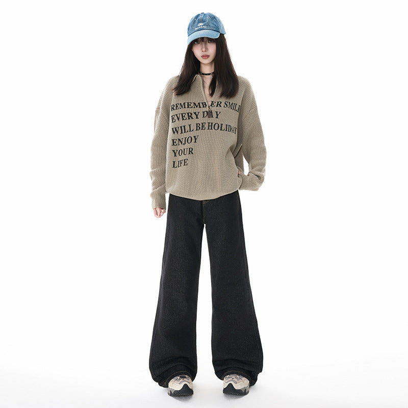 Women's Black Denim Flared Pants - Loose Fit Wide Leg Tapered Bottoms for Summer