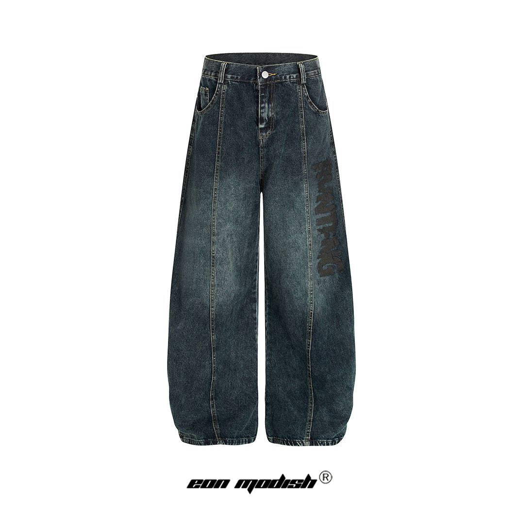 Tapered Denim Long Pants with Washed Print in