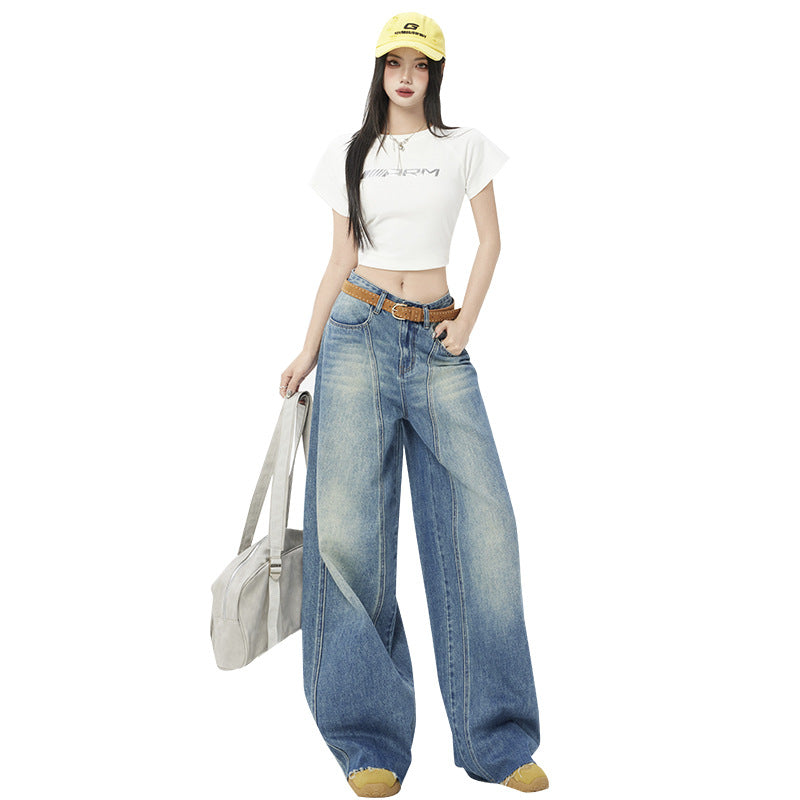 Women's Blue Wide-Leg Scissors Denim Pants - Loose Drape Floor-Length Trousers