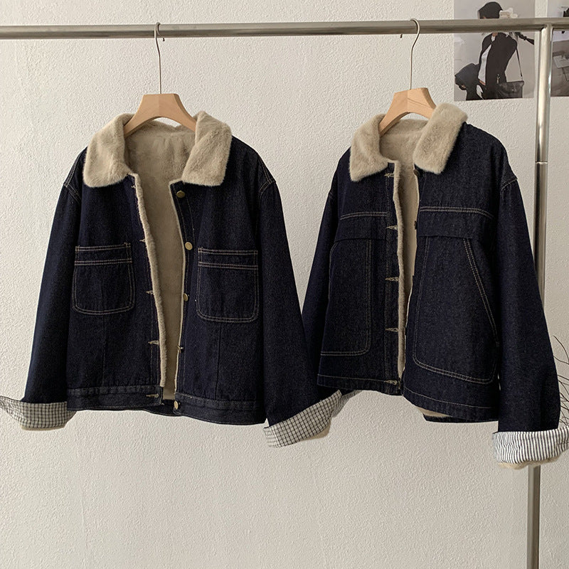 Retro Fleece-Lined Turn-Down Collar Long Sleeve Denim Jacket Top