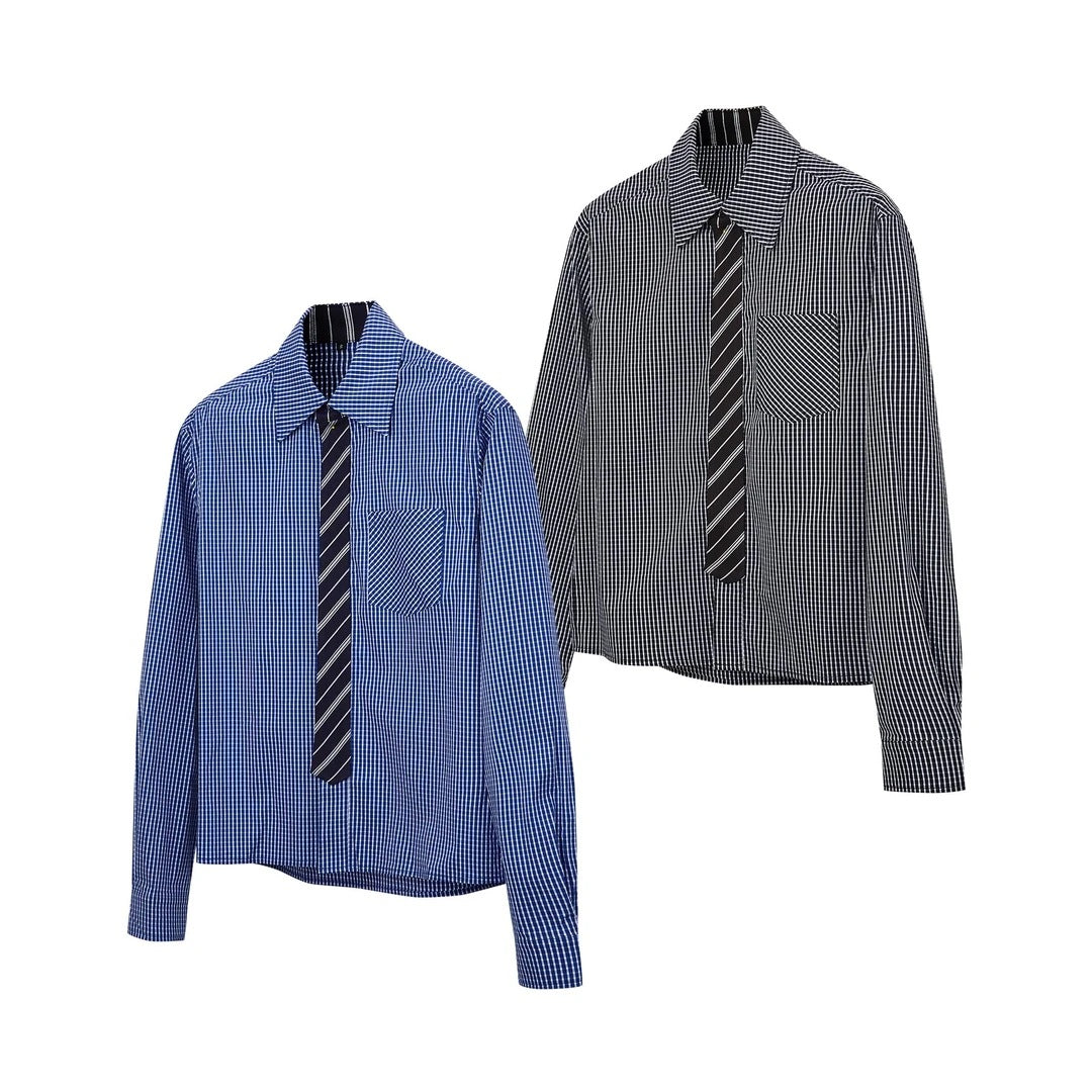 Fake Tie Splicing Design Checkered Shirt for Men and Women