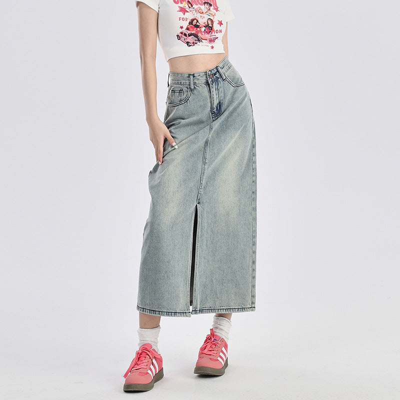 Orange Silk Women's Slit Denim Mini Skirt High Waist American Retro A-Line Skirt