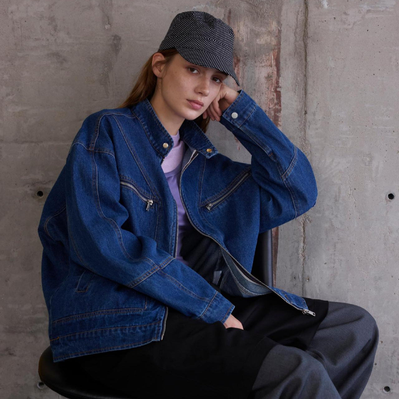 Construction Motorcycle Style Denim Jacket