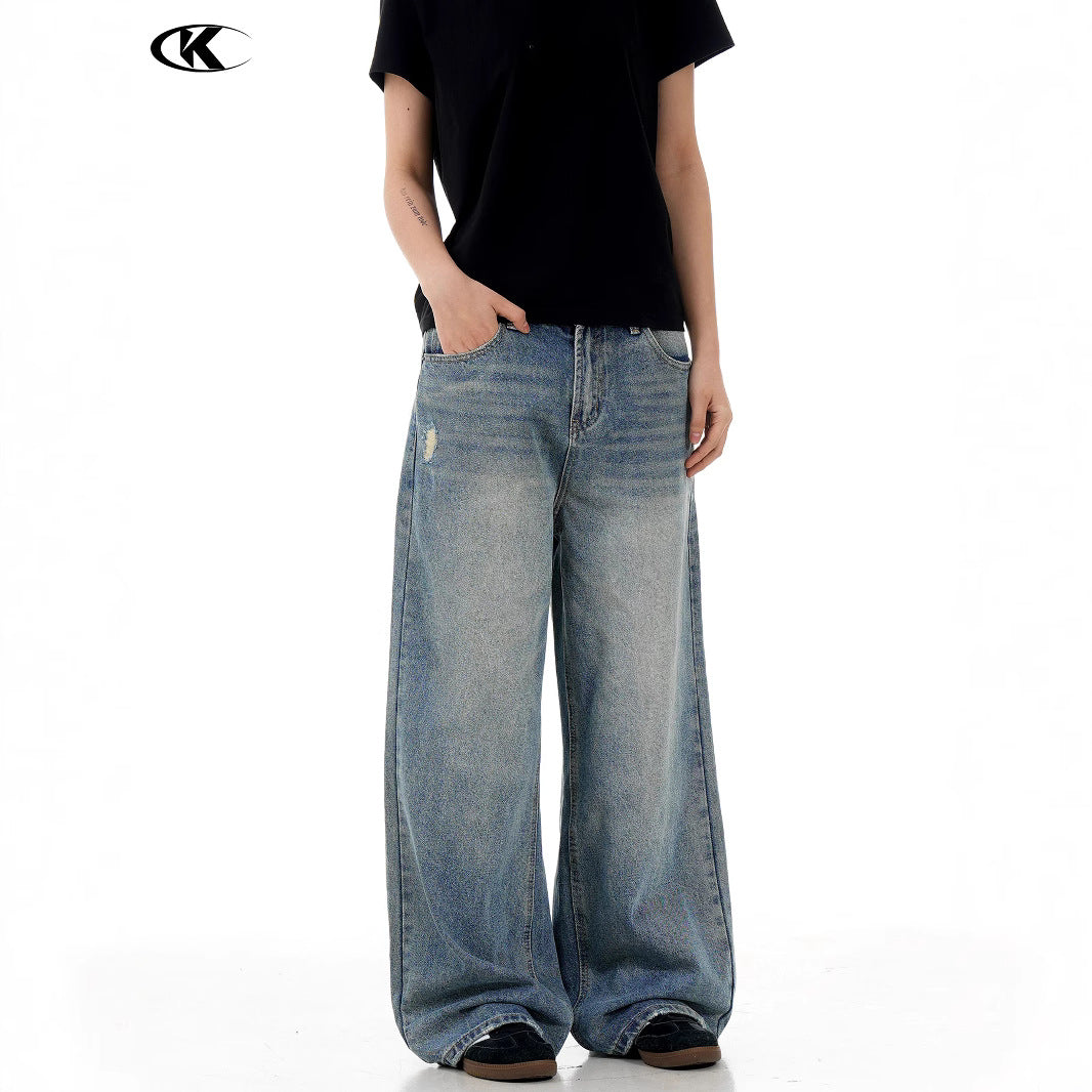 Light Blue Denim Trousers - Unisex Retro Loose Slim Wide Leg Casual Pants