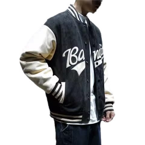 Deer Skin Trendy Stand-up Collar Windproof Varsity Jacket for Men