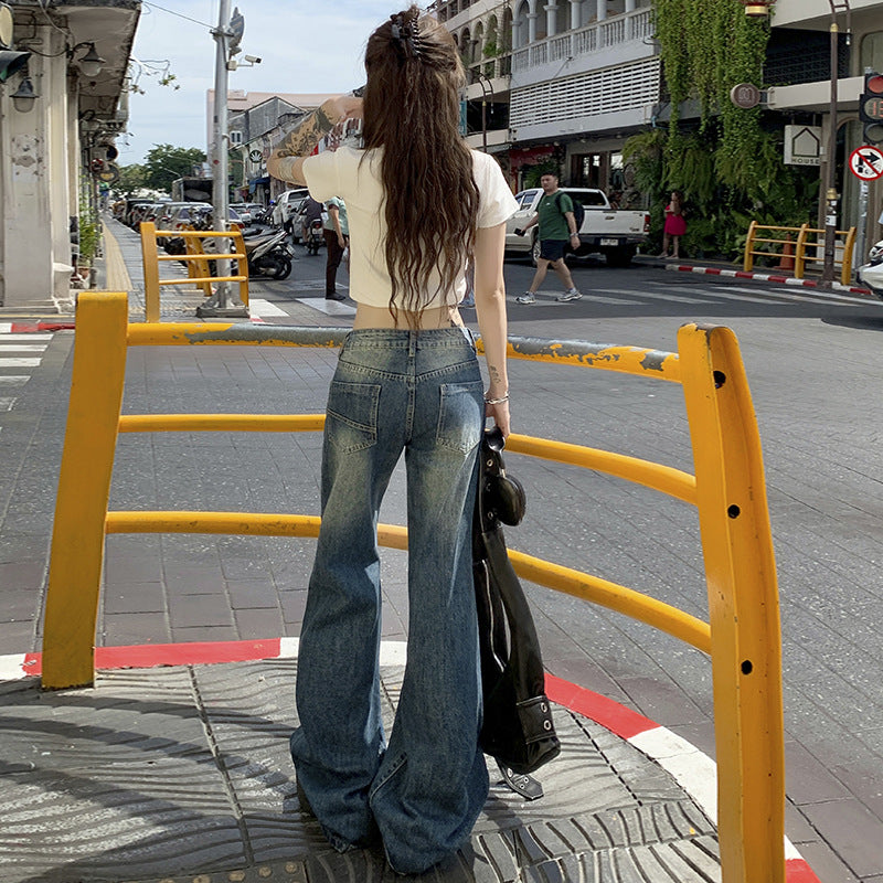 Women's Loose Denim Pants - Low Waist Straight Wide Leg Trousers