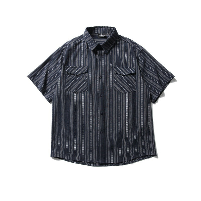 Striped Loose Short Sleeved Shirt with Double Patch Pockets for Men