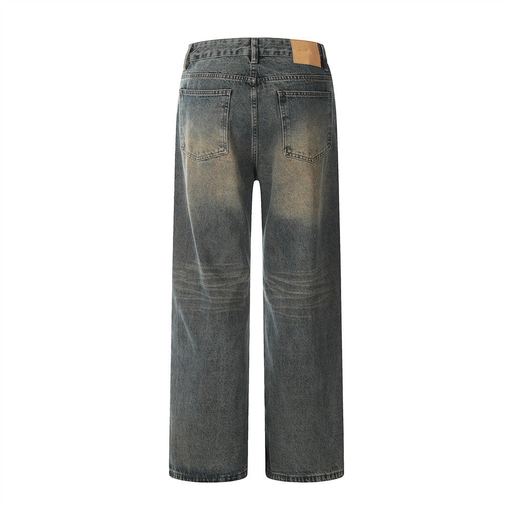 Men's Casual Faded Denim Long Pants - Retro Straight Leg Trousers