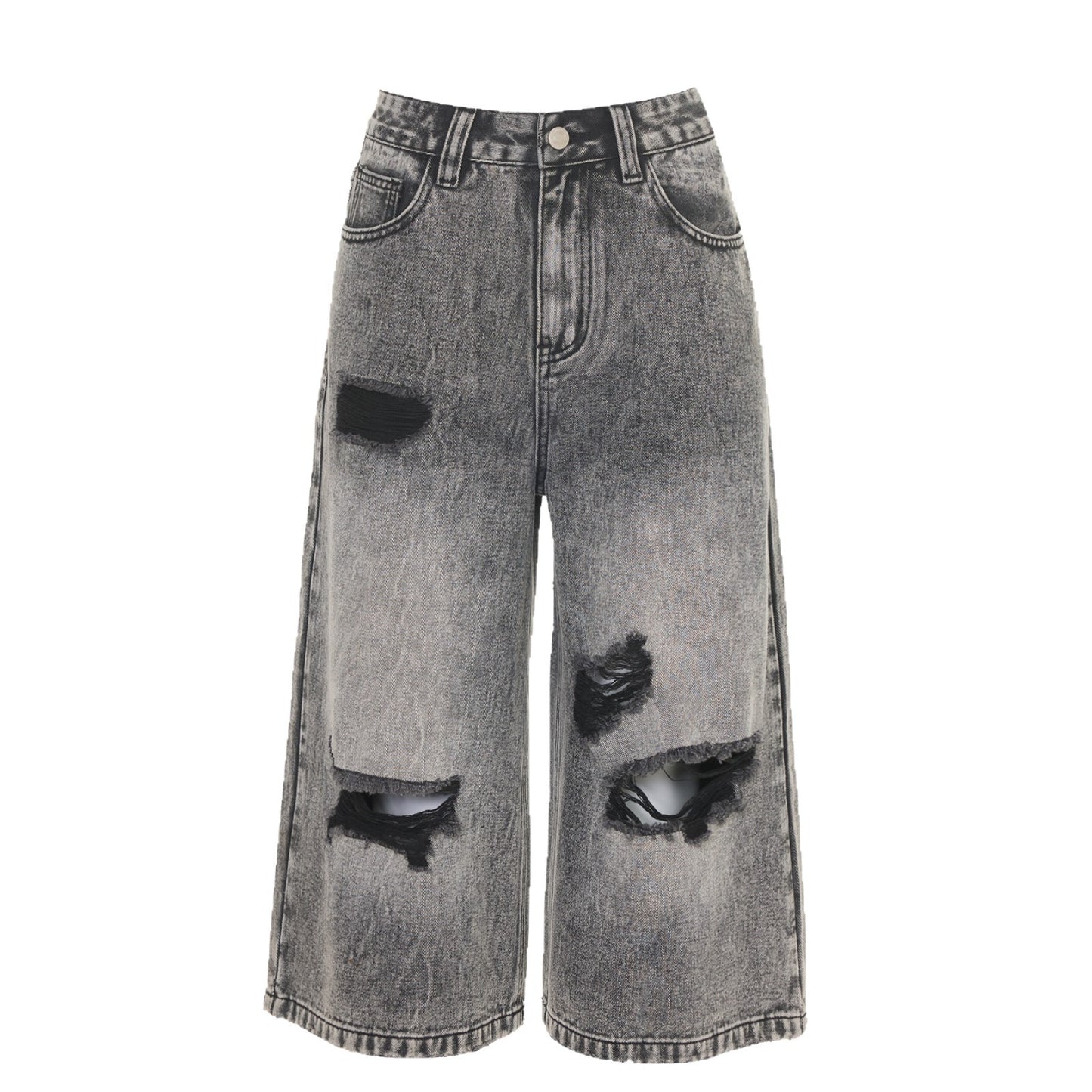 Black Gray Hole Seven-Point Denim Pants for Women - Vintage Wide-Leg Straight Leg Style
