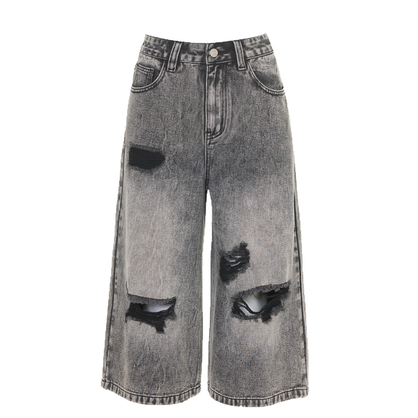 Black Gray Hole Seven-Point Denim Pants for Women - Vintage Wide-Leg Straight Leg Style