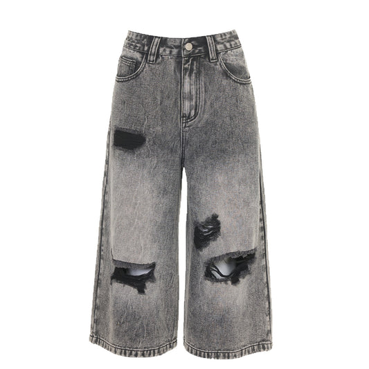 Black Gray Hole Seven-Point Denim Pants for Women - Vintage Wide-Leg Straight Leg Style