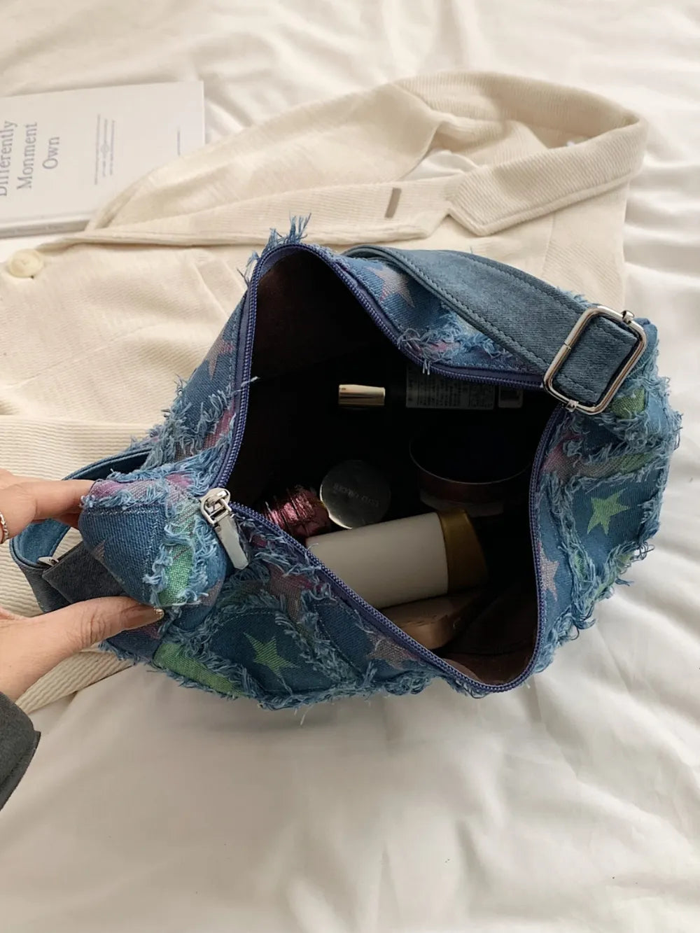 Japanese Denim Shoulder Bag with Raw Hem